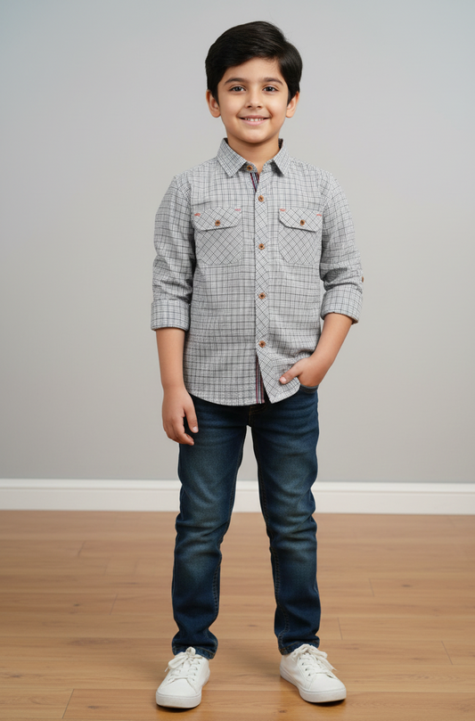 Comfort Cotton Grey Check Shirt for Kids