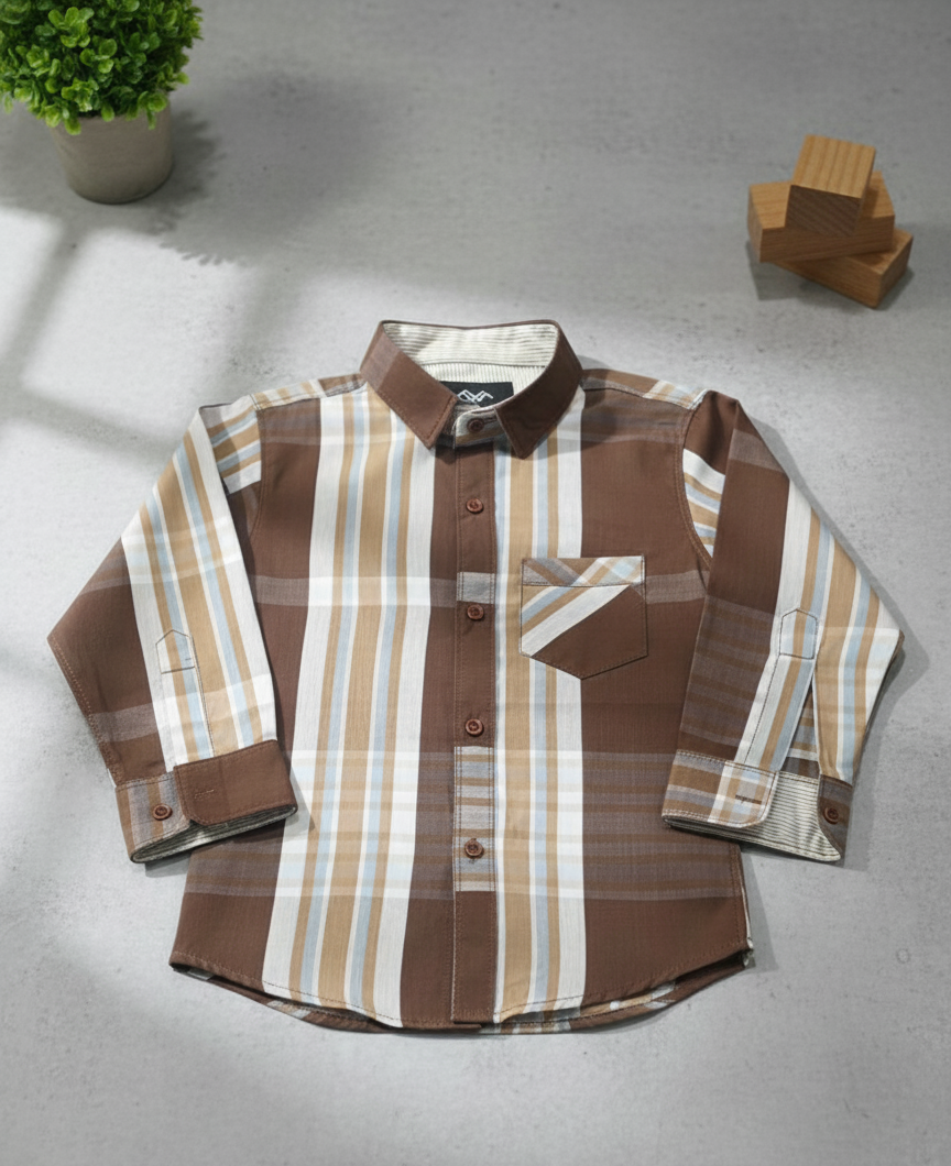 Elegant Brown Plaid Full-Sleeve Kids Shirt