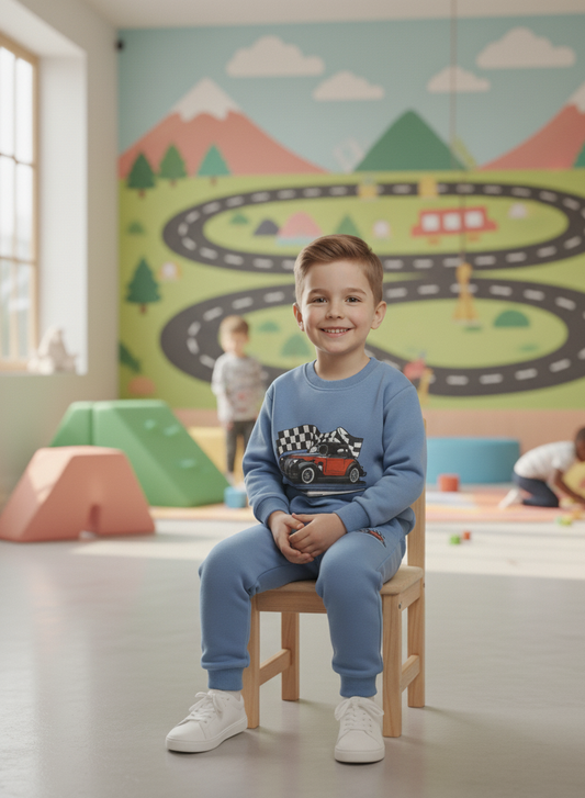 Speed Racer Tracksuit – Cool Blue Car Print Outfit for Boys