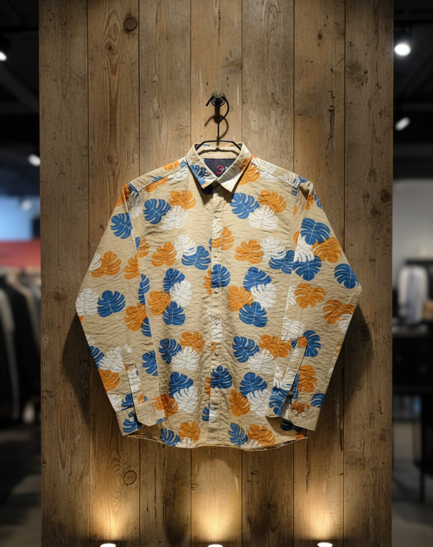 Beige Linen-Look Tropical Men's Shirt