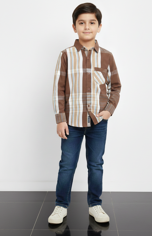 Elegant Brown Plaid Full-Sleeve Kids Shirt