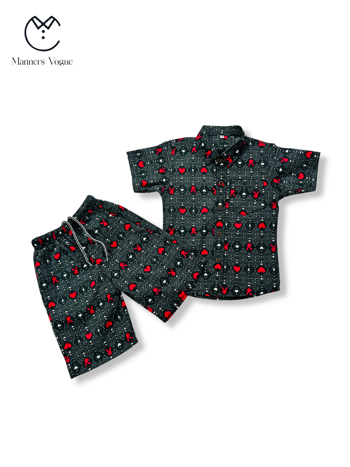 Boys' Dark Grey Heart Print Shirt & Shorts Set
