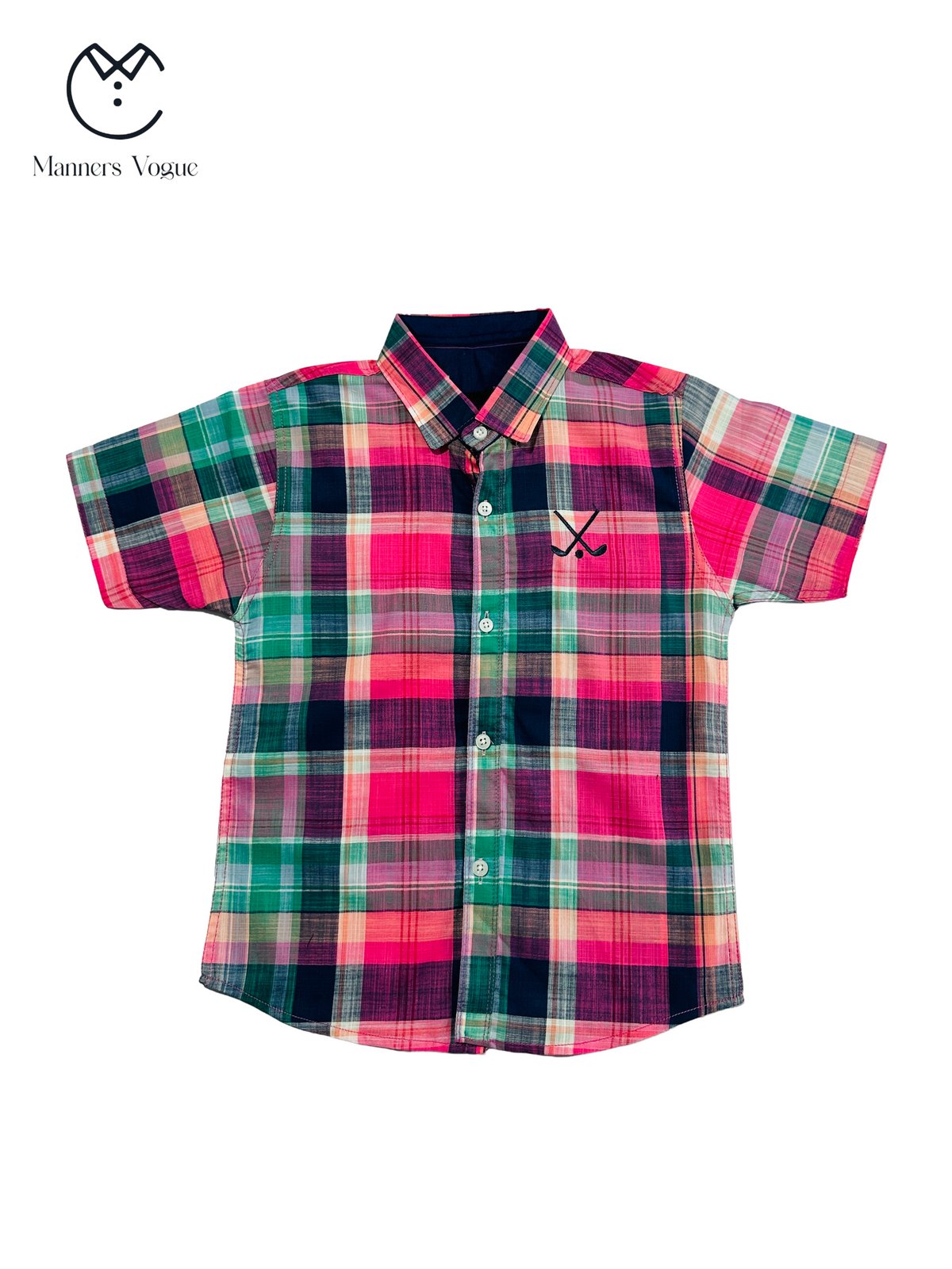 Multicolored Check Pattern Short Sleeve Cotton Shirt