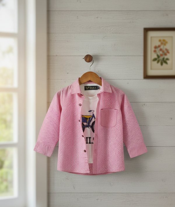 Pink Check Shirt and T-Shirt Set