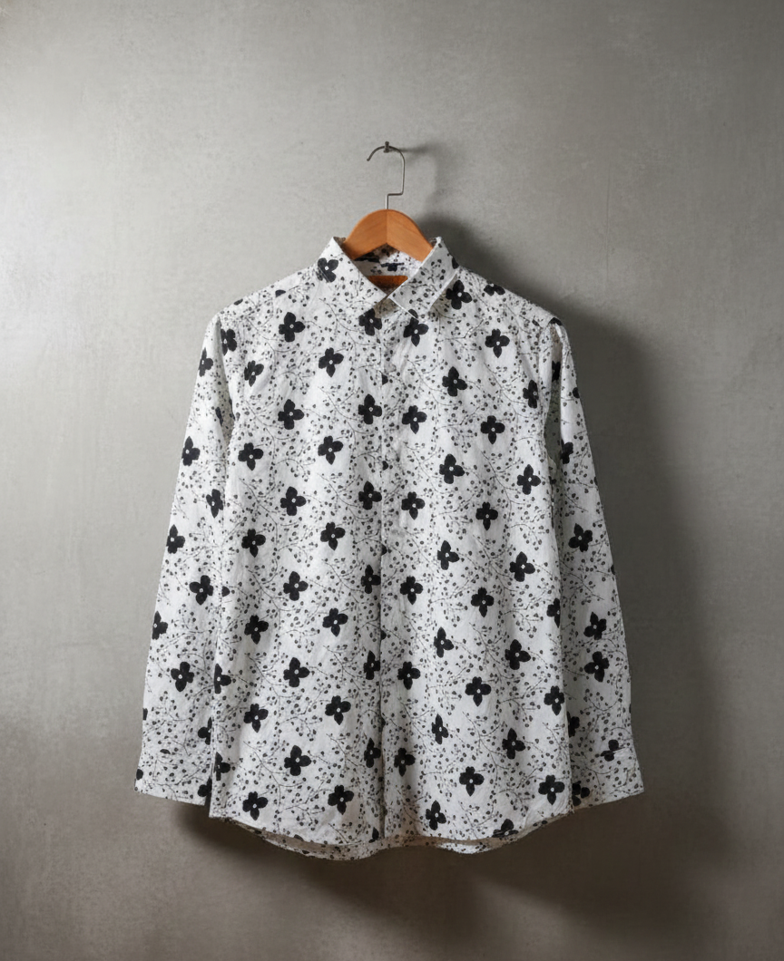 Elegant White Floral Patterned Long-Sleeve Men's Shirt