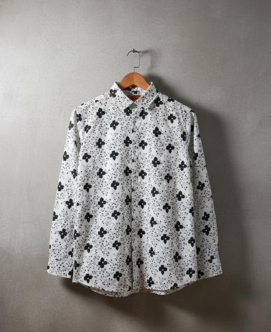 Elegant White Floral Patterned Long-Sleeve Men's Shirt