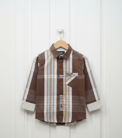 Elegant Brown Plaid Full-Sleeve Kids Shirt