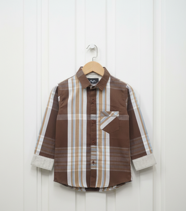 Elegant Brown Plaid Full-Sleeve Kids Shirt