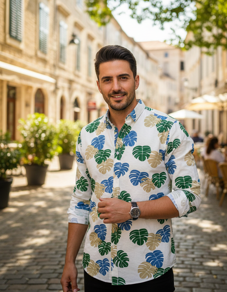 White Palm Leaf Button-Down Men's Casual Shirt