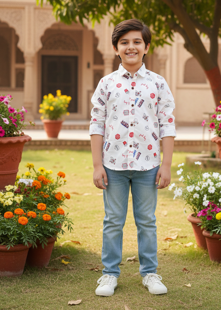 Comfort Fit White Graphic Print Shirt for kids