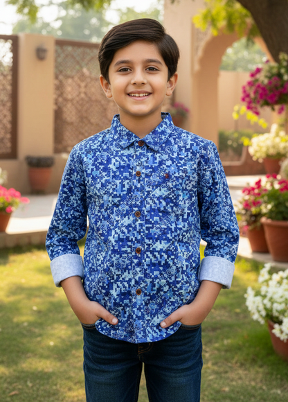 Kids Blue Digital Print Cotton Shirt