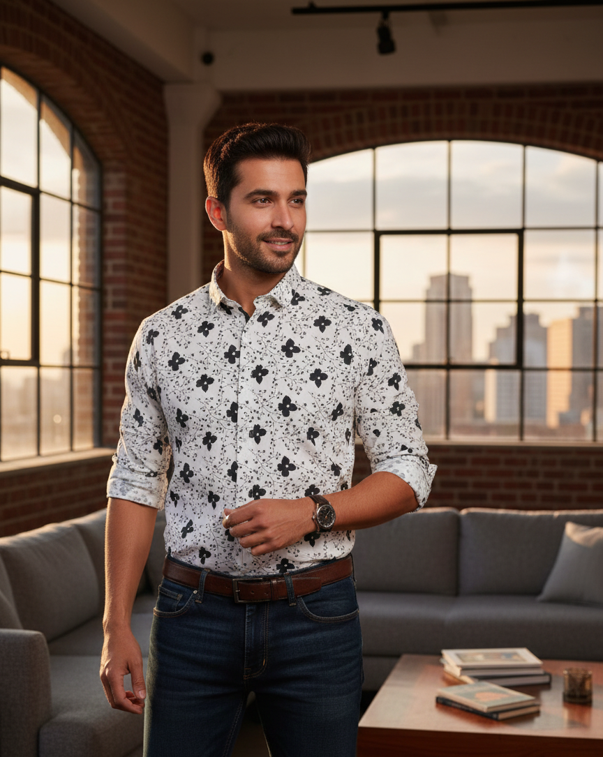 Elegant White Floral Patterned Long-Sleeve Men's Shirt