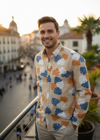 Beige Linen-Look Tropical Men's Shirt