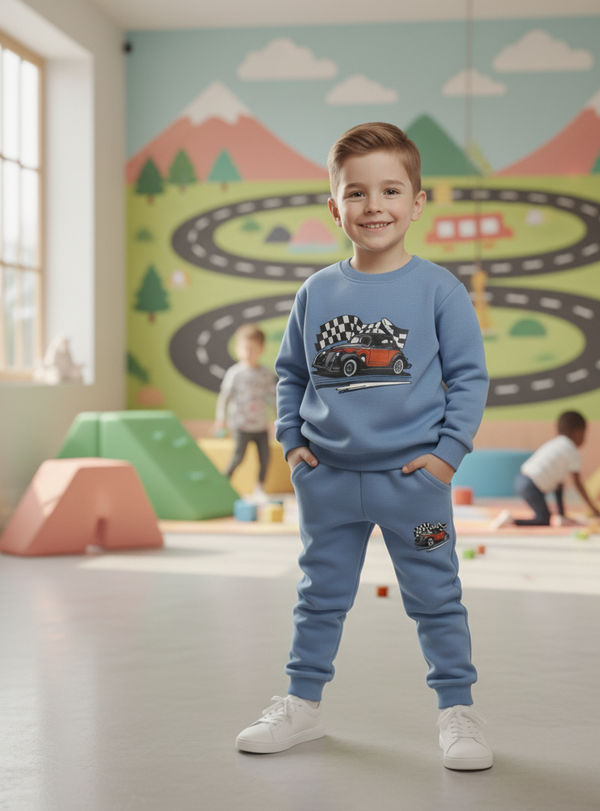 Speed Racer Tracksuit – Cool Blue Car Print Outfit for Boys