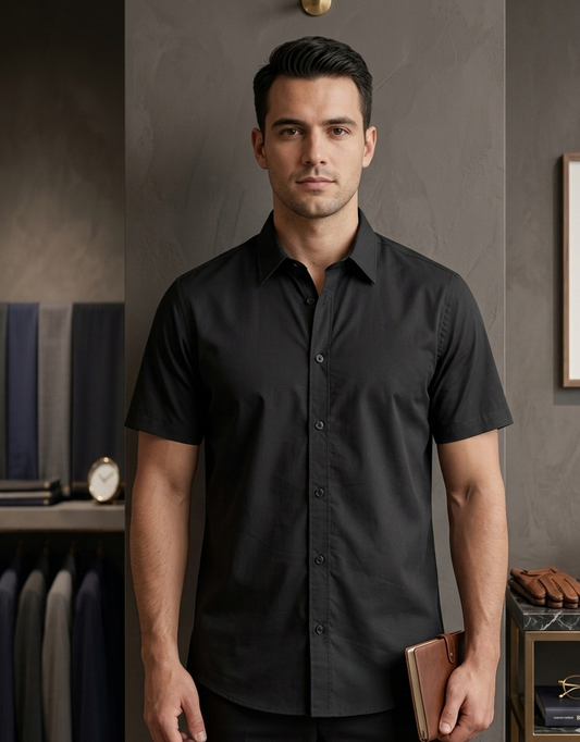 Men’s Luxury Black Slim Fit Short Sleeve Shirt